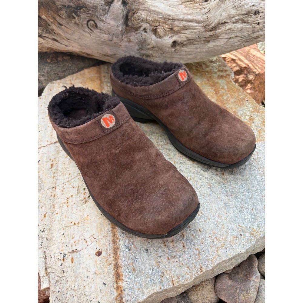 Merrell Encore Ice Brown Suede Faux Fur Lined Slip On Clogs Mules Womens  9‎ 1/2